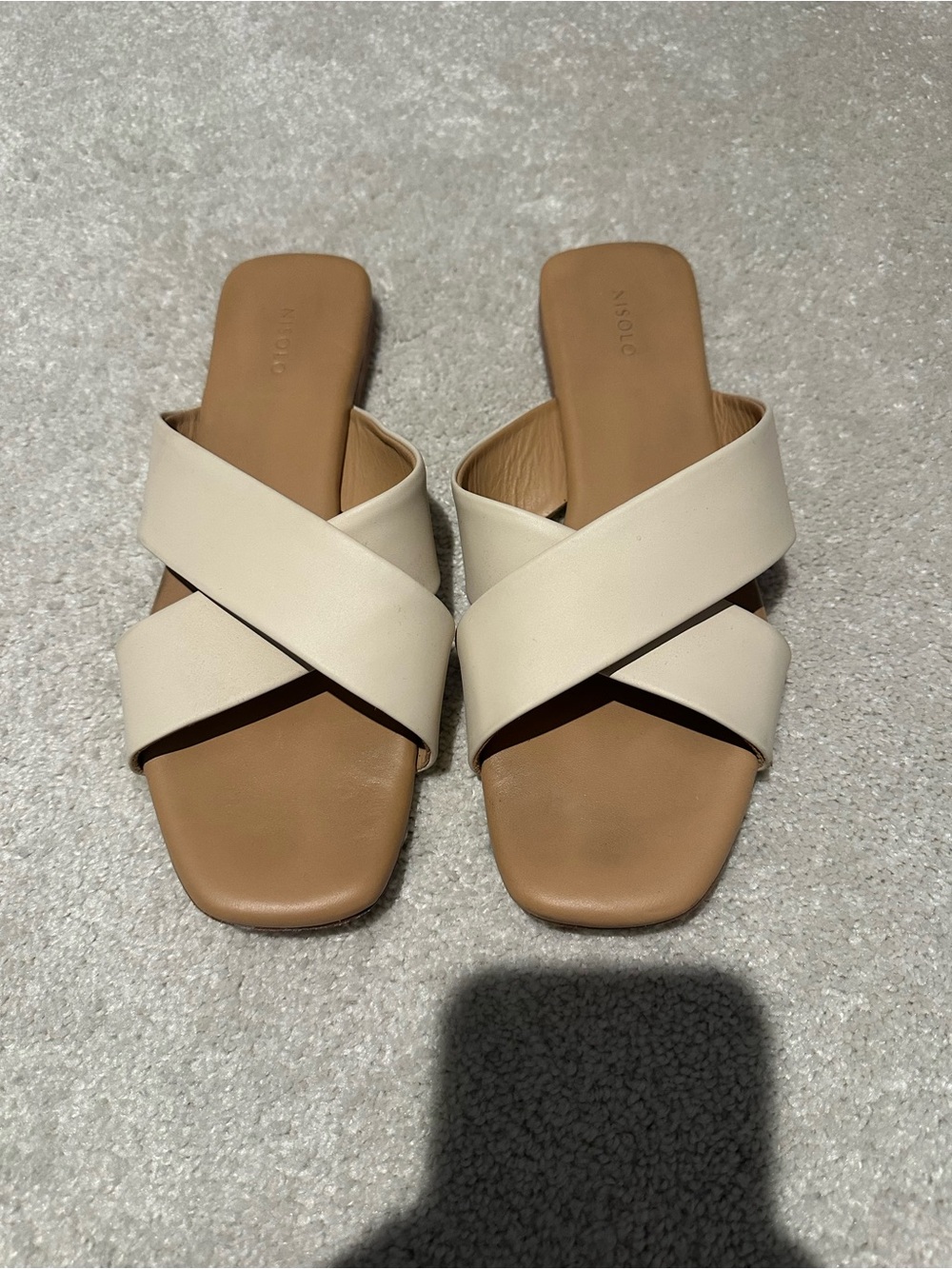 Nisolo Cream Cross-Strap Slide Sandals with Tan Footbed